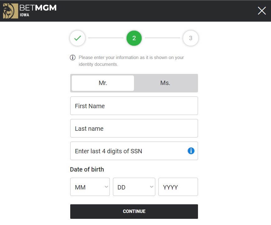 BetMGM Casio Registration Process Step 2