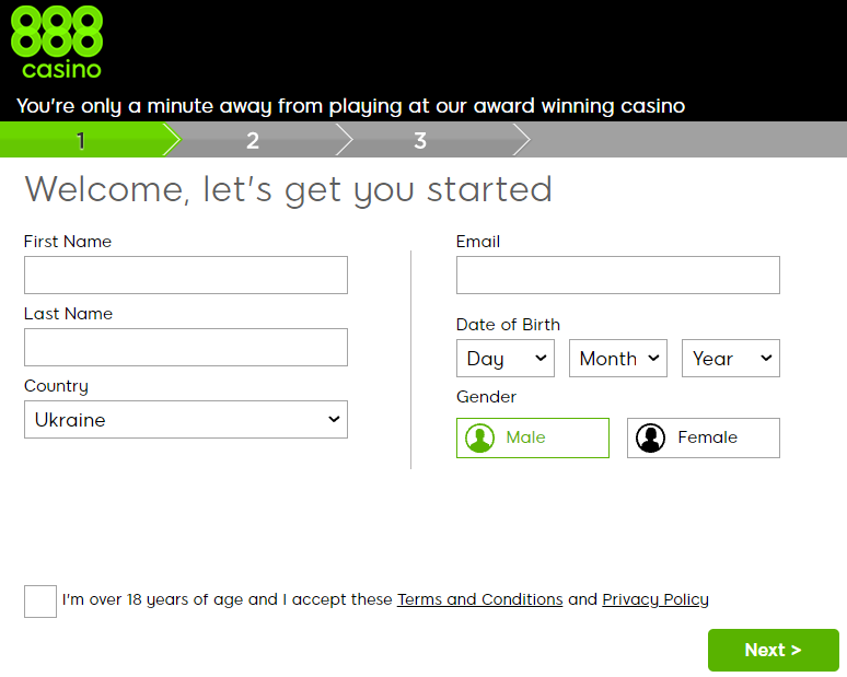 888 Casino Register Step 1