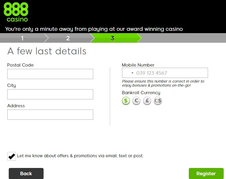 888 Casino Register Step 3