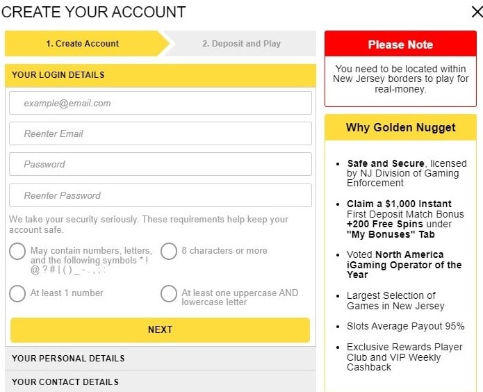 Golden Nugget Casino Registration Step 1