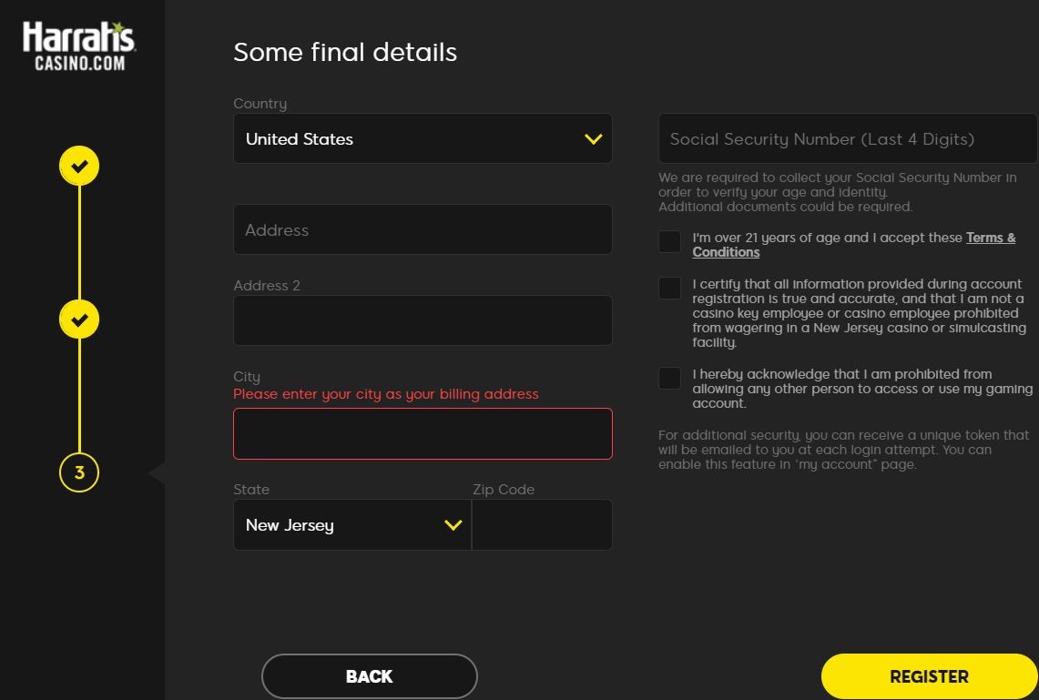 Harrahs Casino Registration Step 3